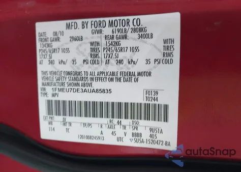 2010 Ford Explorer Xlt из США, поврежденный, VIN 1FMEU7DE3AUA85835